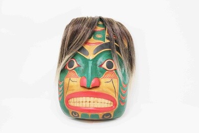 NORTHWEST INDIAN STYLE FISH FACE MASK WITH HAIR. HAND CARVED ALBESIA WOOD. 29041