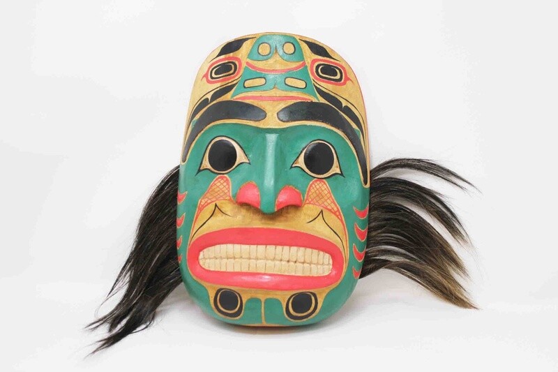 NORTHWEST INDIAN STYLE FISH FACE MASK WITH HAIR. HAND CARVED ALBESIA WOOD. 29041