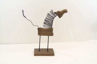 HORSE STANDING SCULPTURE WITH WIRE LEGS AND TAIL. HAND MADE FROM TEAK HARDWOOD AND IRON. 1925