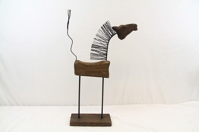 HORSE STANDING SCULPTURE WITH WIRE LEGS AND TAIL. HAND MADE FROM TEAK HARDWOOD AND IRON. 1944