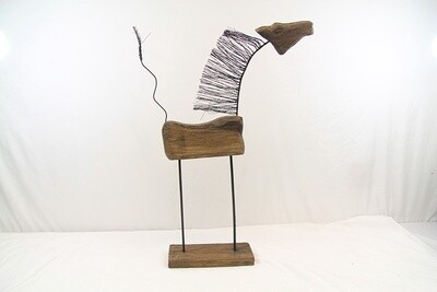 HORSE STANDING SCULPTURE WITH WIRE LEGS AND TAIL. HAND MADE FROM TEAK HARDWOOD AND IRON. 1945