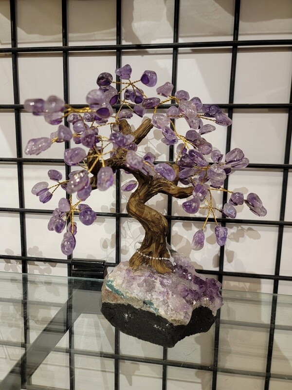 GEMSTONE BONSAI TREE WITH AMETHYST DRUZE BASE AND 24 BRANCHES WITH TUMBLED STONE LEAVES 14552