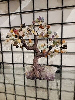 GEMSTONE BONSAI TREE WITH AMETHYST DRUZE BASE AND 24 BRANCHES WITH TUMBLED STONE LEAVES 14552