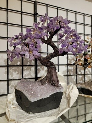 GEMSTONE BONSAI TREE WITH AMETHYST DRUZE BASE AND 48 BRANCHES WITH TUMBLED STONE LEAVES 14554