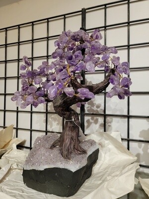 GEMSTONE BONSAI TREE WITH AMETHYST DRUZE BASE AND 48 BRANCHES WITH TUMBLED STONE LEAVES 14554