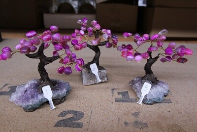 GEMSTONE BONSAI TREE WITH AMETHYST DRUZE BASE AND 7 BRANCHES TUMBLED STONE LEAVES 14551