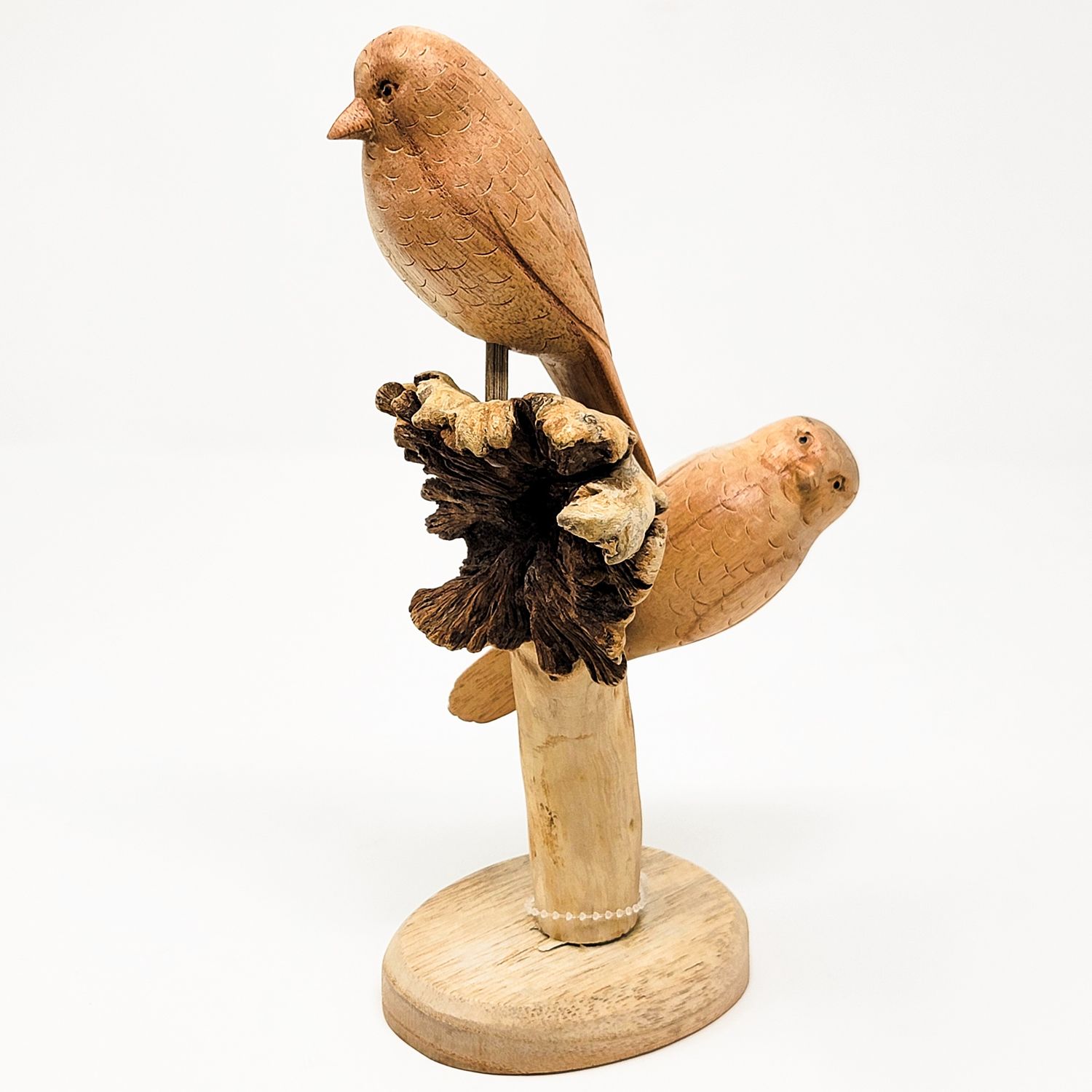 COLD PUFFY BIRDS PAIR STATUE HAND CARVED IN SUAR HARDWOOD ON PARASITE WOOD BASE 2357, Item #: 2357, Alternate Lookup: CMQ5-563, Vendor Stock #: TIN 616 8in 20cm
