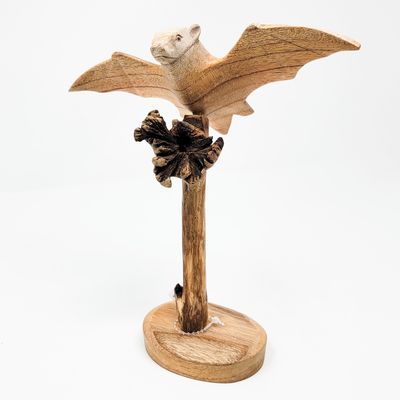 BAT STATUE SINGLE HAND CARVED IN SUAR HARDWOOD ON PARASITE ROOT STAND 1378