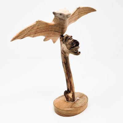 BAT STATUE SINGLE HAND CARVED IN SUAR HARDWOOD ON PARASITE ROOT STAND 1378