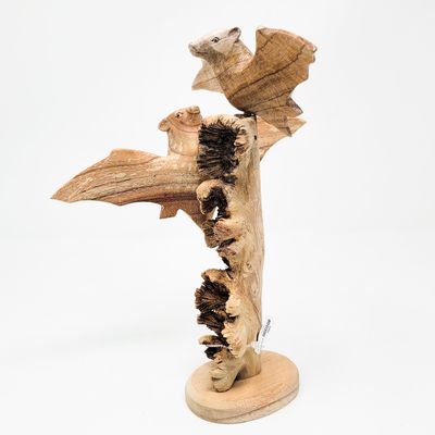 BAT PAIR FLYING STATUE HAND MADE WITH PARASITE WOOD BASE 1863