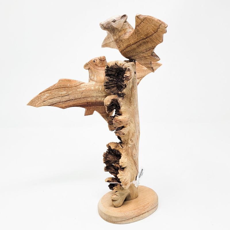 BAT PAIR FLYING STATUE  HAND MADE WITH PARASITE WOOD BASE 1863