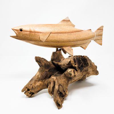 SALMON FISH STATUE ON TEAK 2113