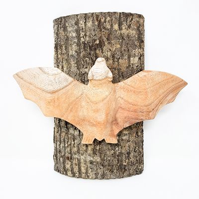 BAT STATUE ON LOG WITH WINGS OUT 2290