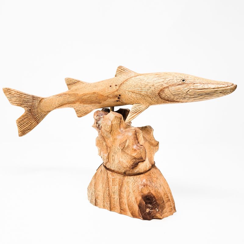 BARACUDA STATUE HAND CARVED IN SUAR HARDWOOD ON TEAK ROOT BASE 2118