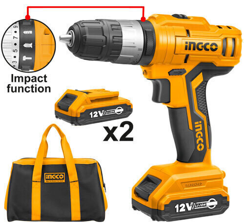 Li-Ion 12 V Cordless Impact Drill with Extras INGCO
