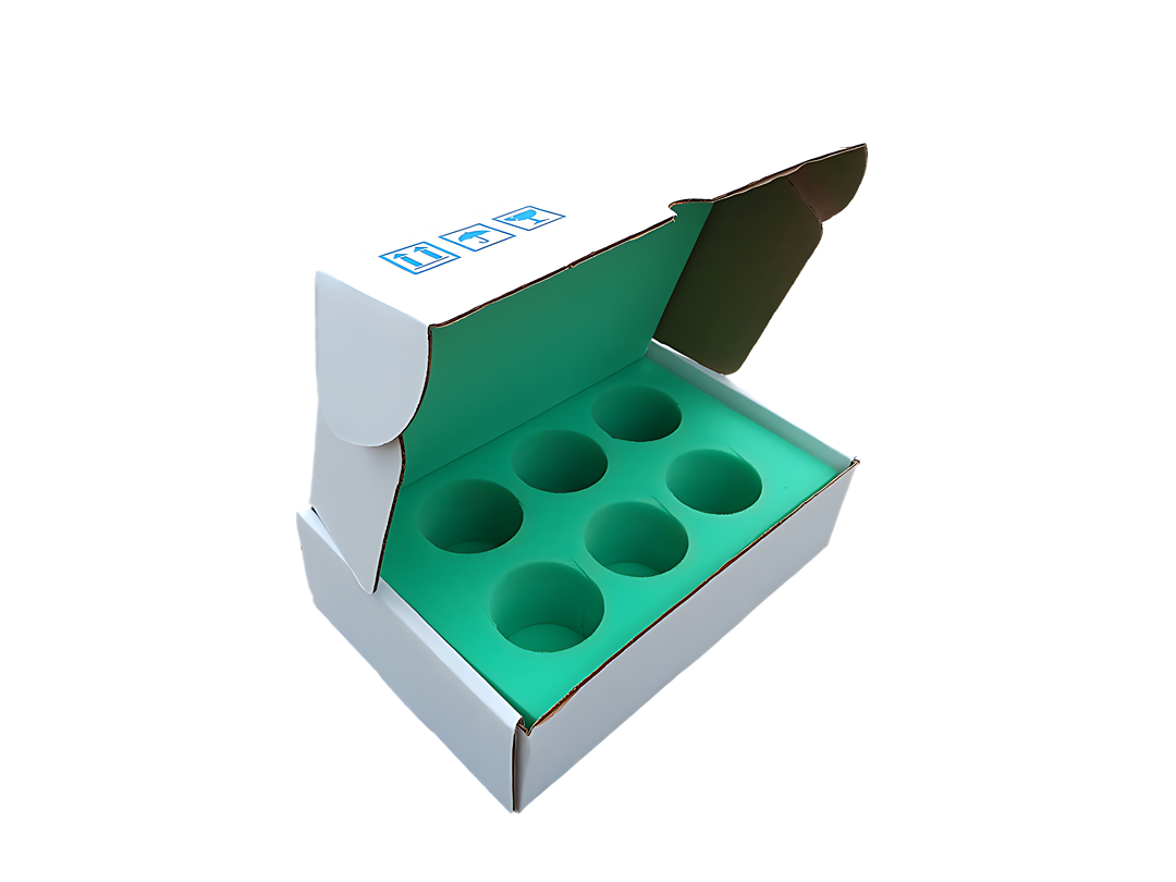 Fruit shipping box for 6 round fruit with lid open
