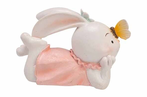KONIJN WITH BUTTERFLY PASTELROZE 22X10XH 14CM POLYRESIN