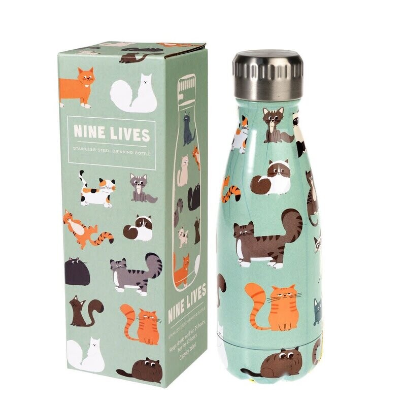 Bouteille en acier inoxydable  - motif chats &quot;neuf vies&quot; - 260 ml