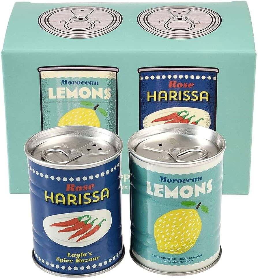Ensemble de deux pots - salière et poivrière en étain - motif citron &amp; harrissa - Rex London