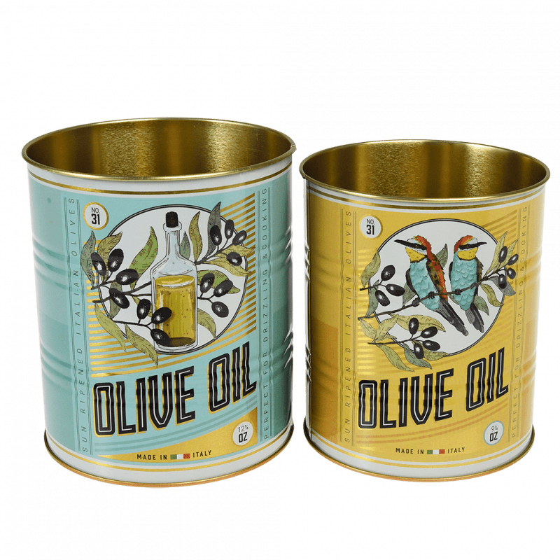 Ensemble de deux boîtes de rangement en métal style conserve - motif huile d&#39;olive
