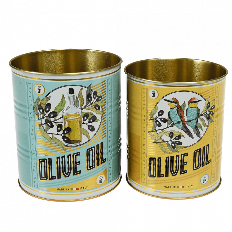 Ensemble de deux boîtes de rangement en métal style conserve - motif huile d'olive