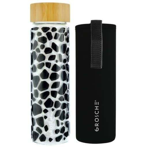 Bouteille en verre avec couvercle en bambou -motif  girafe noir - GROSCHE Venice