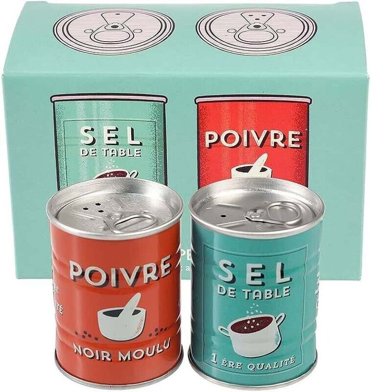 Ensemble de deux pots - salière et poivrière en étain - motif sel &amp; poivre
