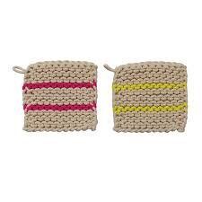 Sous-plat en coton crocheté - Bandes colorées néon rose ou jaune - Creative Co-op
