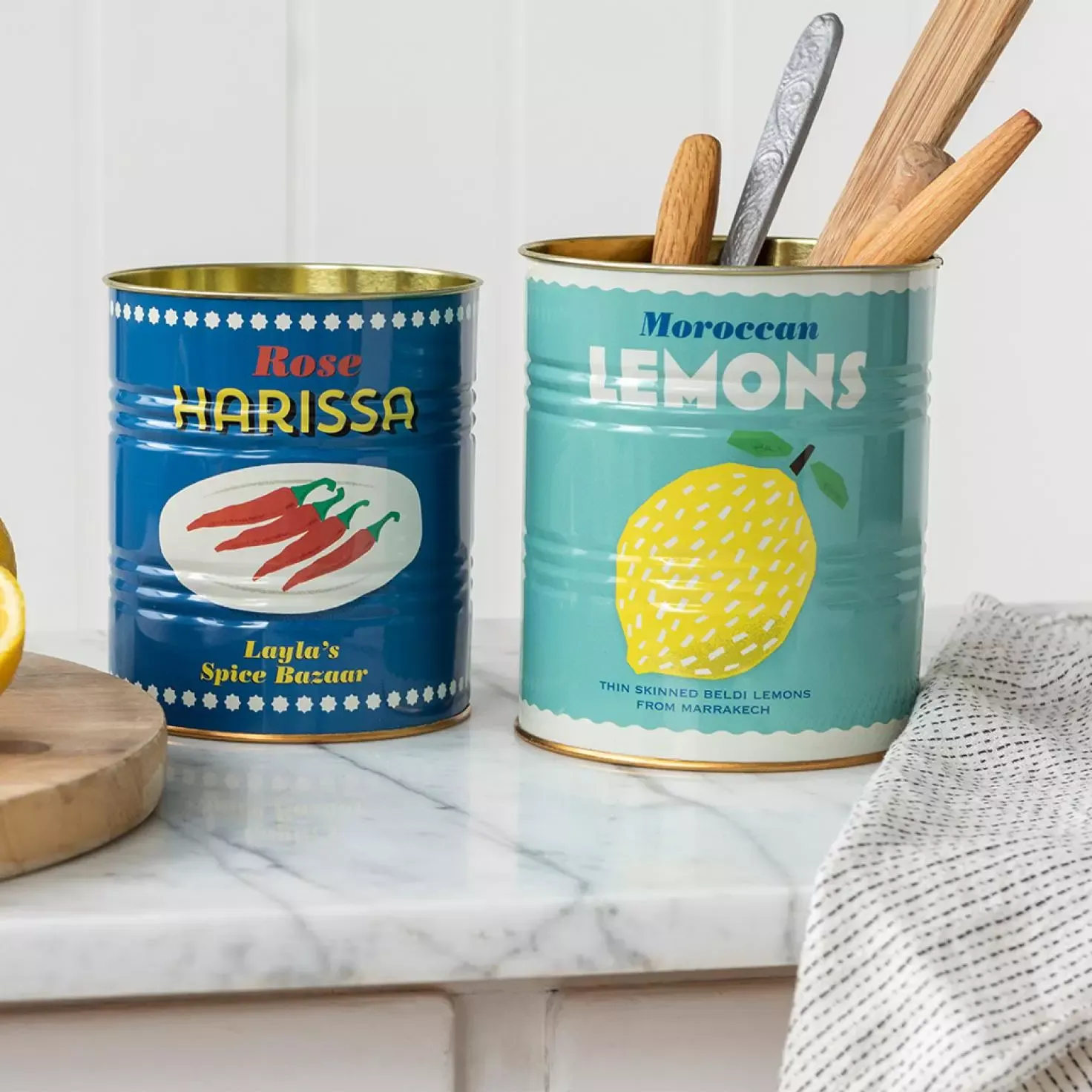 Ensemble de deux boîtes de rangement en métal - motif Morroccan Lemons