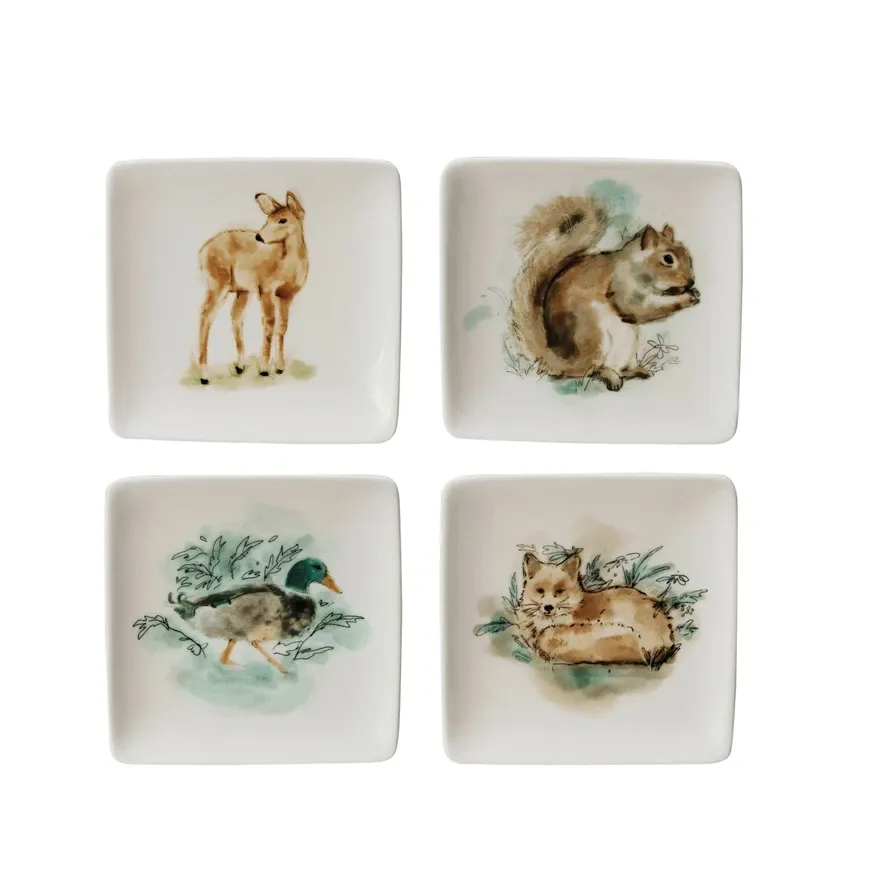 Petit assiette carrée 10cm x 10cm - cerf, écureuil et canard - Creative Coop