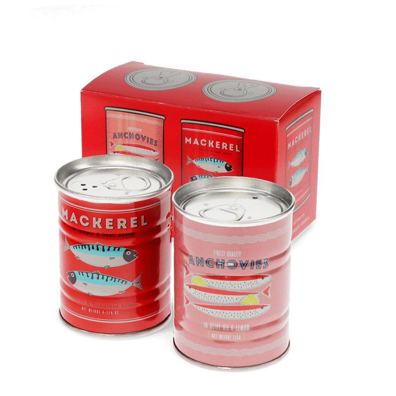 Ensemble de deux pots - salière et poivrière en étain - motif anchovies &amp; mackerel