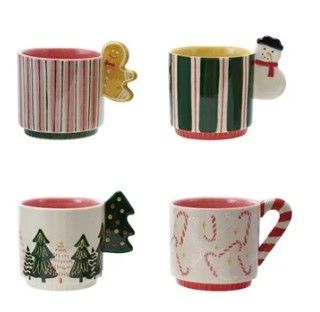Tasses de Noel (canne de bonbon, bonhomme de neige, sapin et bonhomme en pain d'épices  - Creative Coop