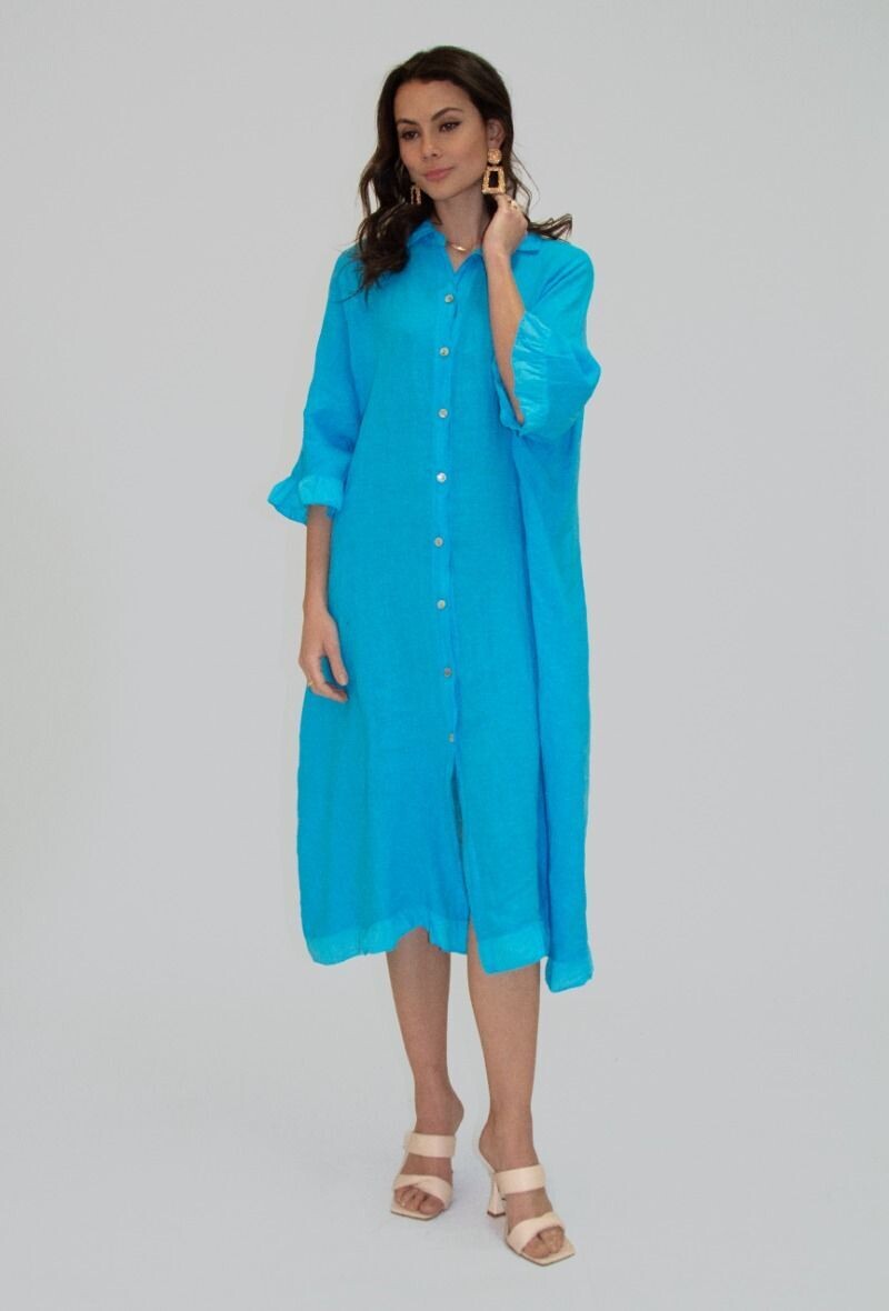 Turquoise linnen maxi jurk