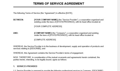 Terms Of Service Agreement Template