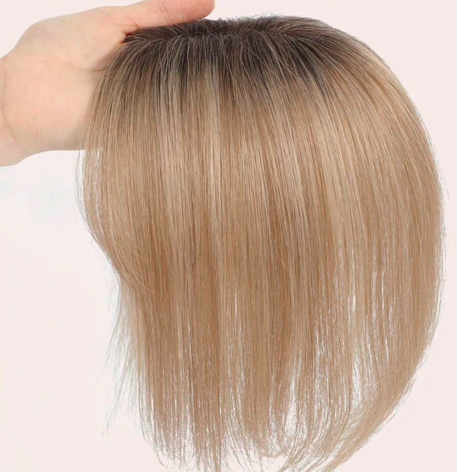 Blonde with dark roots Human Hair topper with bangs - 10 inch