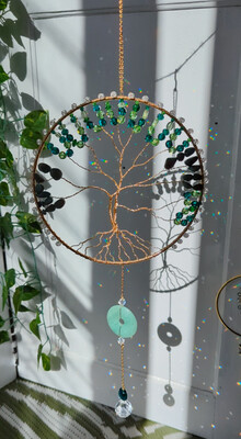 Twin Tree of Life with African Turquoise &amp; Green Adventurine Suncatcher