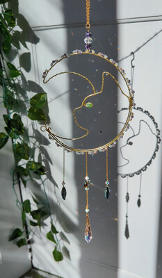 Golden Crescent Moon &amp; Cat Suncatcher