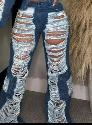 High Waist Pocket Design Ripped Jeans Pants