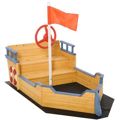 Kids Wooden Sandpit Children Sandbox Pirate Ship Sandboat Outdoor Backyard Playset Play Station w/ Bench Bottom Liner