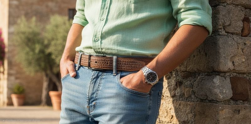 Cintura uomo pelle intrecciato marrone altezza 3.4 cm