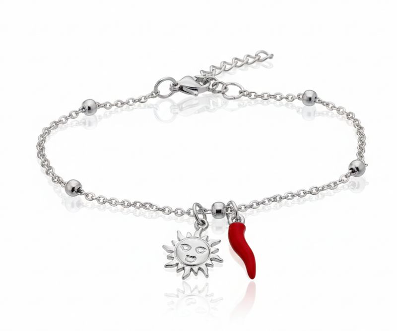Bracciale donna con corno portafortuna e charm sole