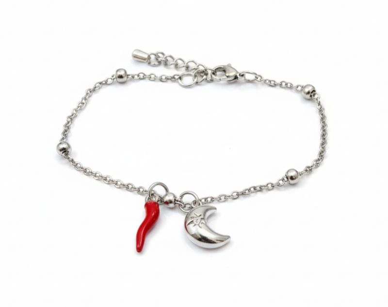 Bracciale donna con corno portafortuna e charm luna
