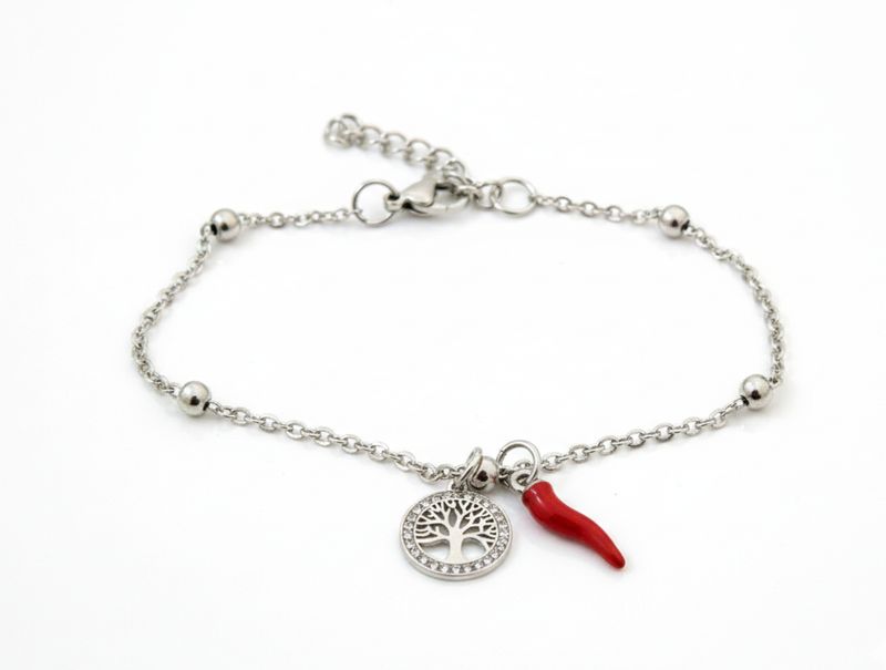 Bracciale donna con corno portafortuna e charm albero della vita
