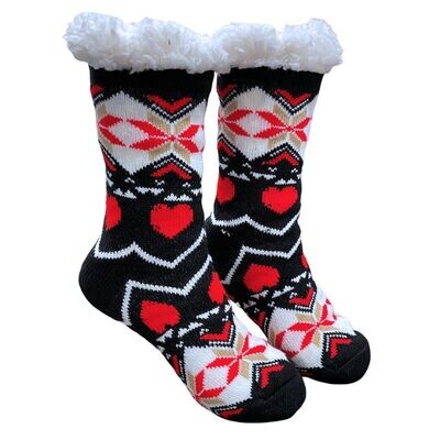 Women's Black Plush Sherpa Red Heart Socks
