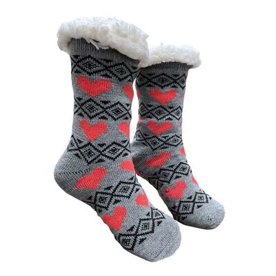 Women's Gray Plush Sherpa Red Heart Socks