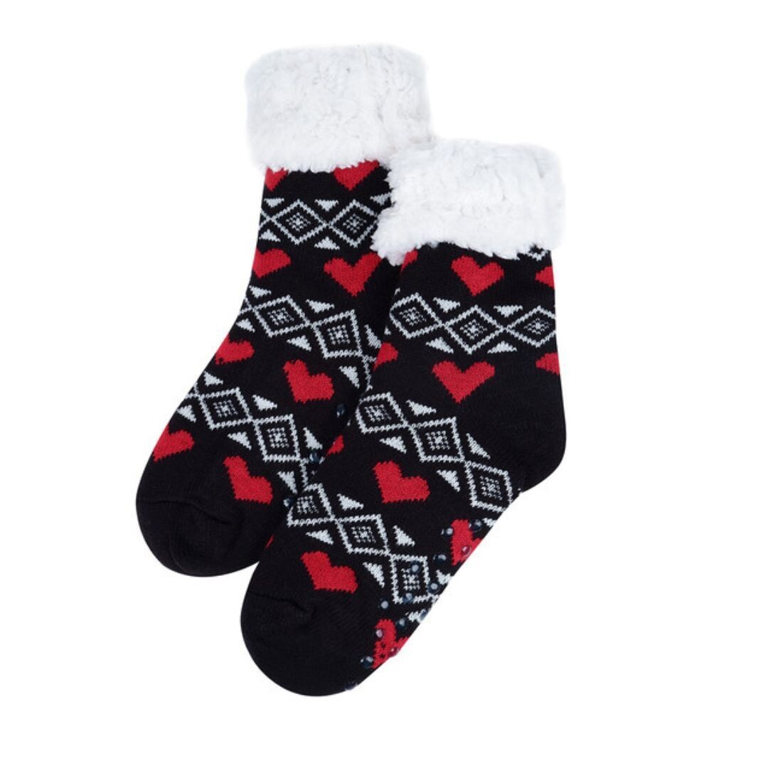 Women's Black Plush Sherpa Red Hearts Socks