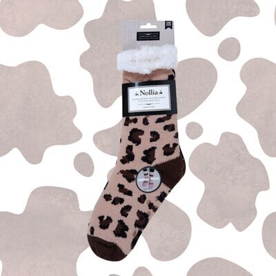 Women&#39;s Brown Plush Sherpa Leopard Socks