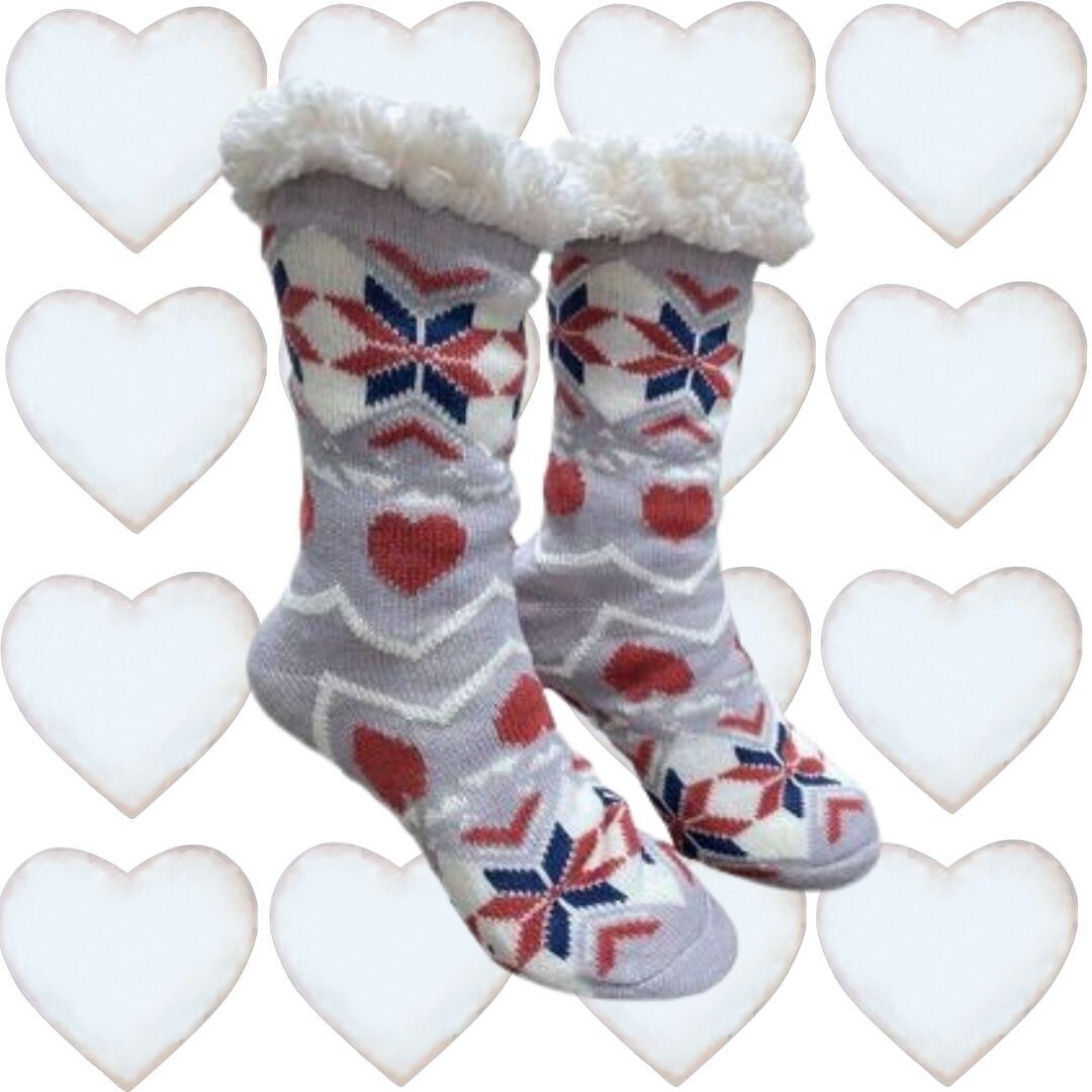 Women&#39;s Gray Plush Sherpa Burgundy Heart Socks