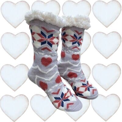 Women&#39;s Gray Plush Sherpa Burgundy Heart Socks