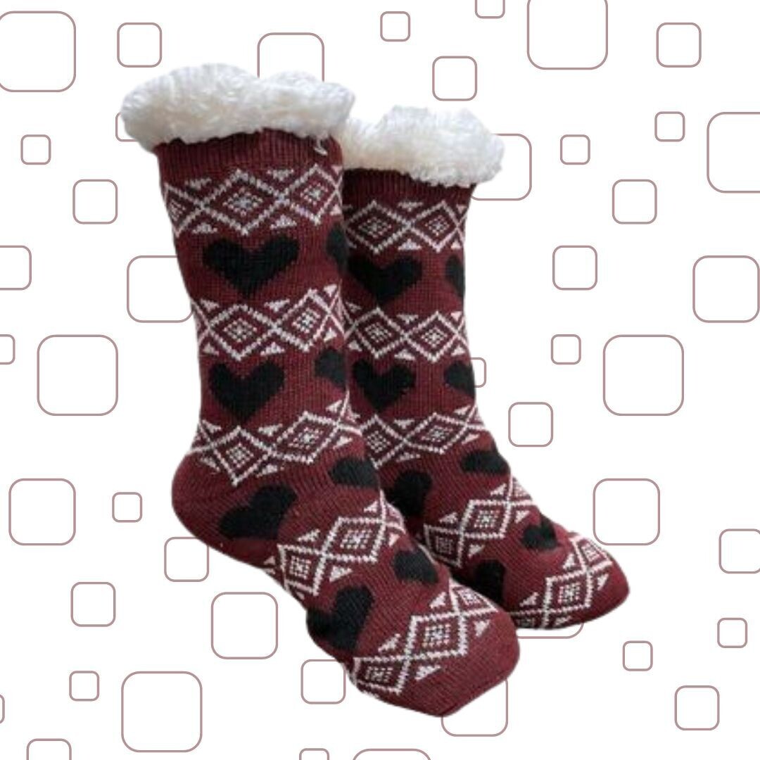 Women&#39;s Burgundy Plush Sherpa Black Heart Socks